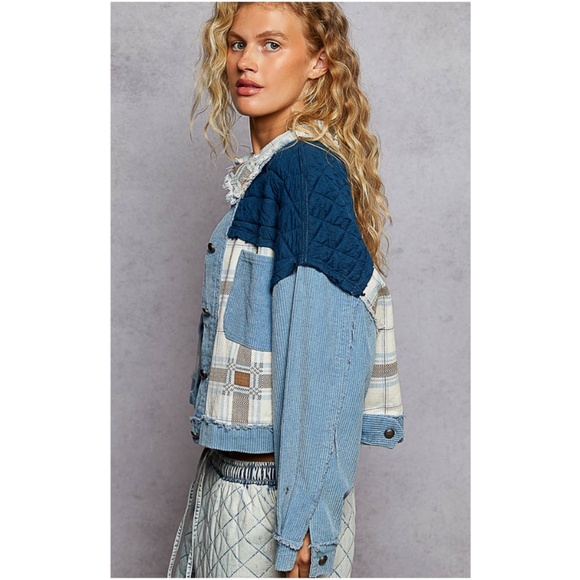 POL Blue Plaid print Frayed Corduroy Pockets Quilted Jacket Shacket - Picture 3 of 4